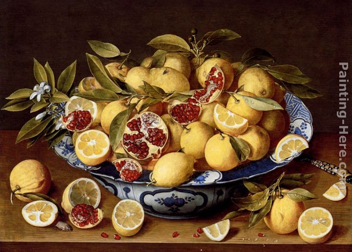 Gerrit van Honthorst A Still Life Of A Wanli Kraak Porcelain Bowl Of Citrus Fruit And Pomegranates On A Wooden Table